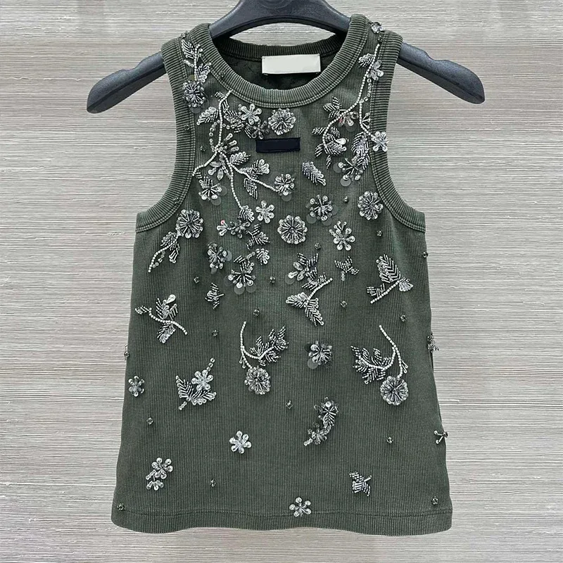 

High-quality women's round-neck sleeveless vest/tanks made of metal-cut diamonds in floral navy vintage style series 2562656
