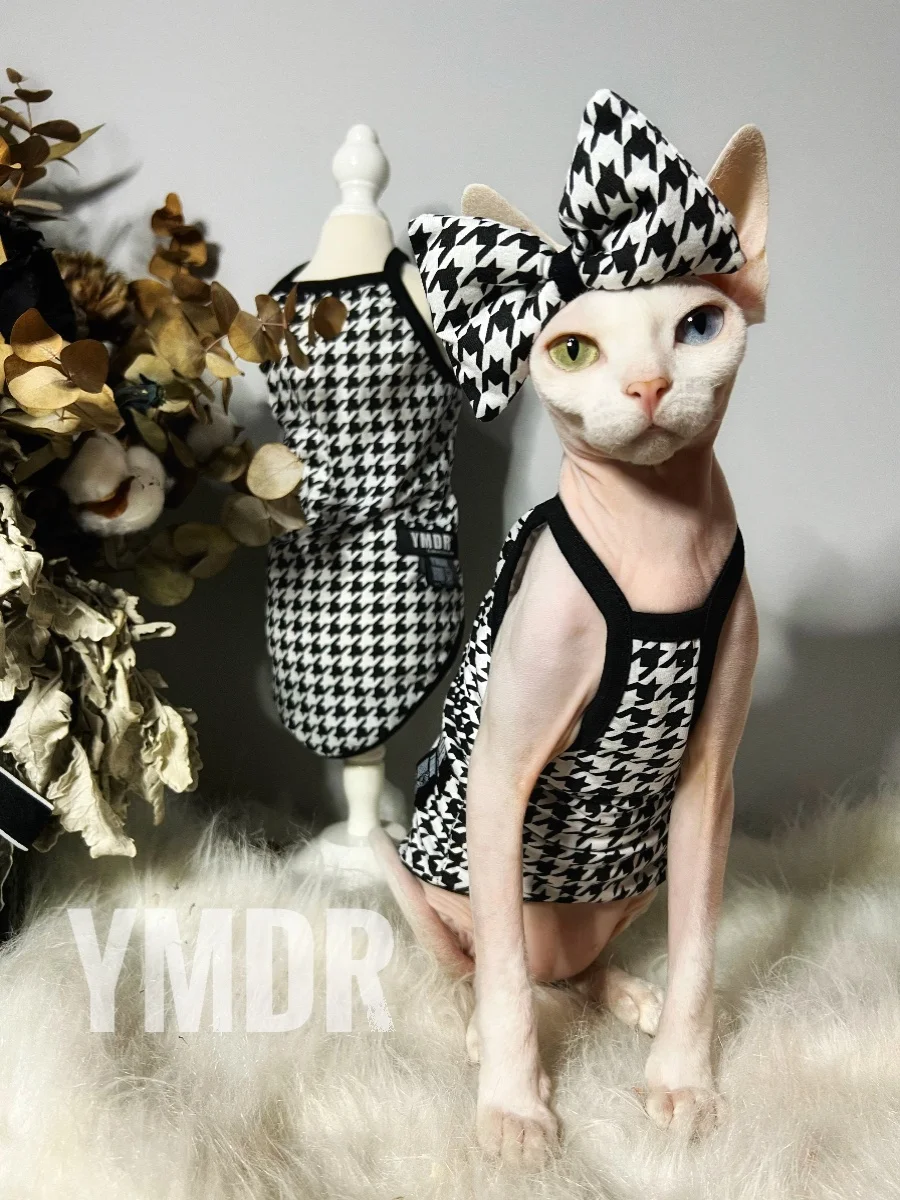 Summer Cotton Vest Hat Suit for Sphynx Cat Cooling Fashion Black Plaid Coat with Bowknot for Kittens Spring for Devon Rex