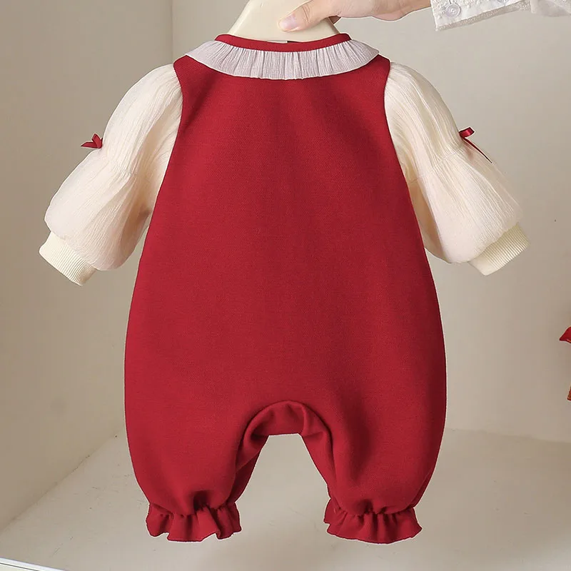 Spring Autumn Toddler Girl Clothes Chinese Style Cartoon Embroidery Mesh Bow Long Sleeve Romper Baby Clothing Newborn Items B397