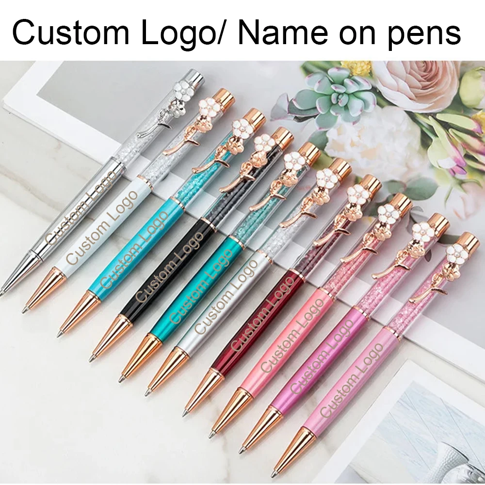Custom Logo Pen Crystal Quicksand Ballpoint Pen Print Name Flower Pens Gift for Wedding Office School Stationery Rose Gold White