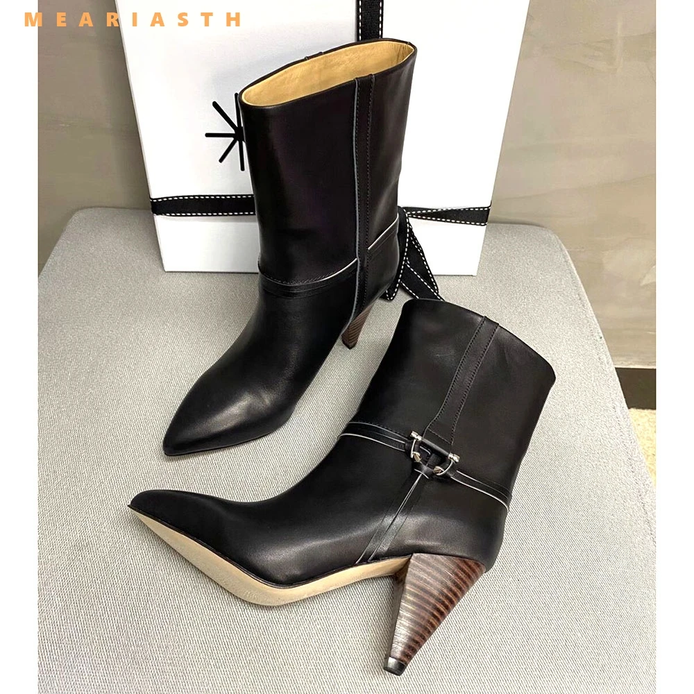 

2026 New Black Pointed Toe Short Ankle Boots Winter Autumn Spike Heel Casual Shoes Cross-tied Slip On Women's Boots Large Size