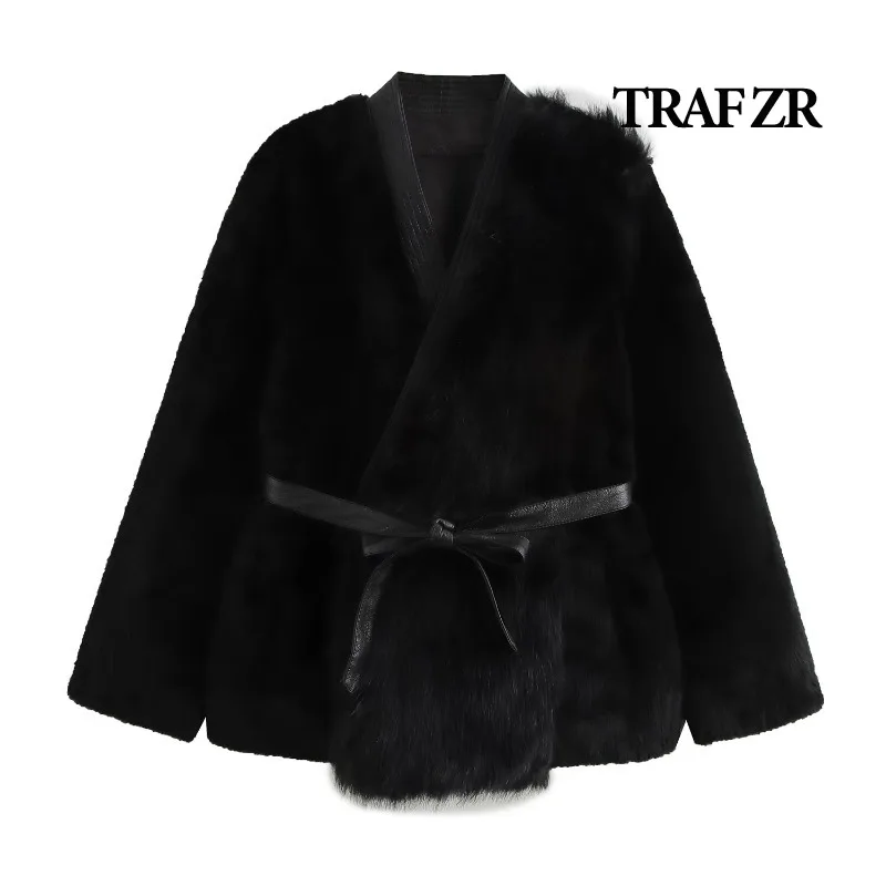 TRAF ZR Padded Coat with Sashes Black Faux Fur Snow Parka New in Outerwears Warm Woman Winter Coats Elegant Luxury Women's Coat