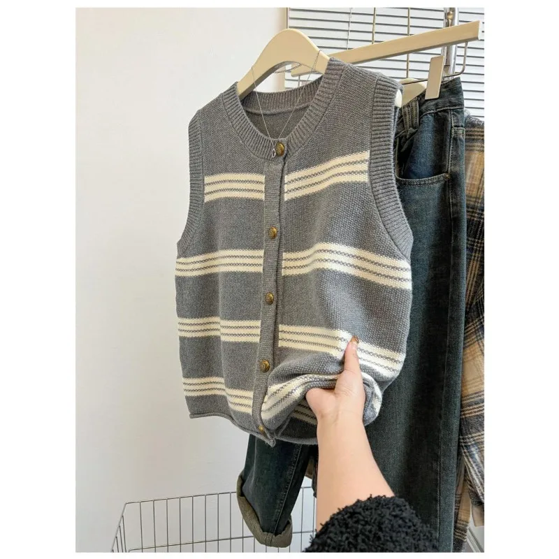 Chaleco de punto a rayas para mujer, suéter, chaleco, jersey de contraste con botones, Top sin mangas