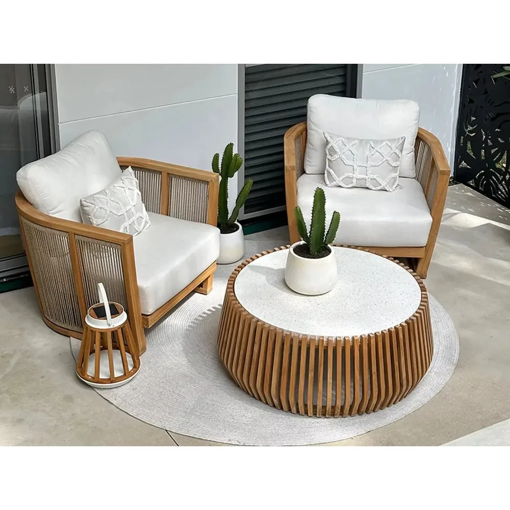 

Rope And Wood Combination Small Terrace Lawn Leisure Modern Coffee Table Furniture And Lounge Chair Outdoor