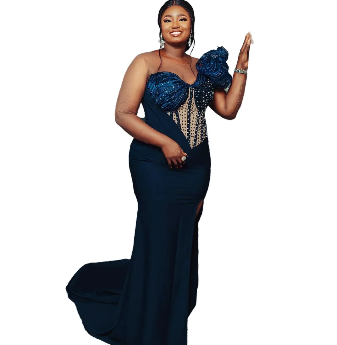 2024 Aso Ebi African Mermaid Navy Blue Prom Dresses Beaded Satin Evening Party Second Engagement Birthday Gowns Dress Z33