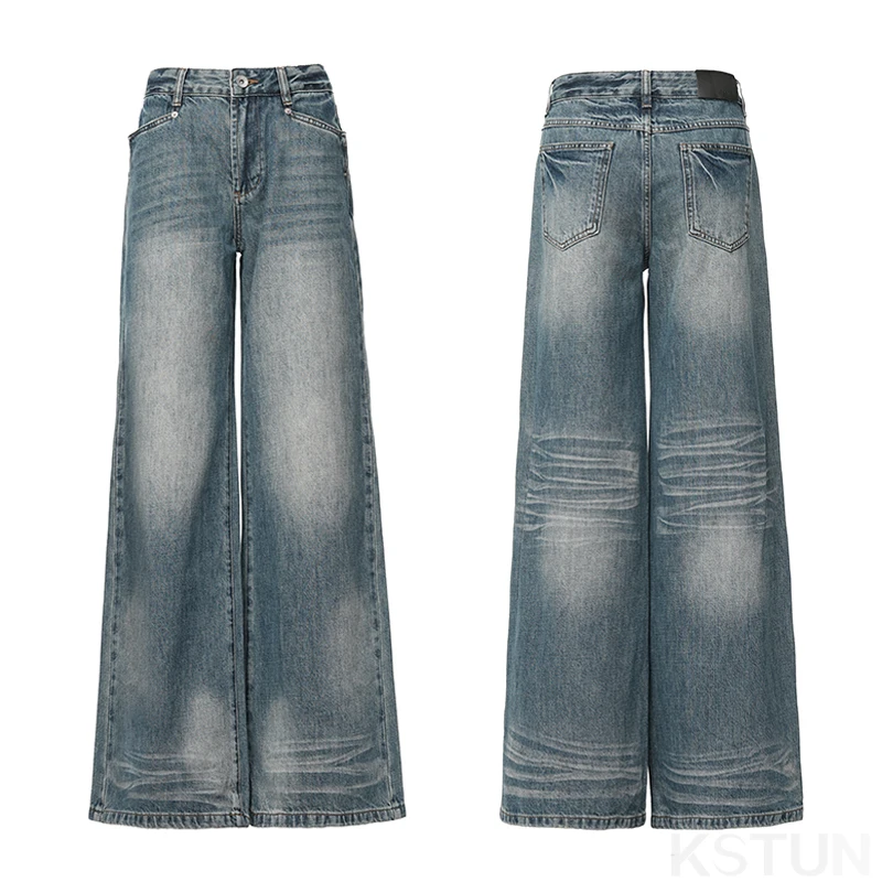 KSTUN Low Rise Wide Leg Jeans For Women American Vintage Loose Straight Baggy Pants Denim Casual Floor Length Trousers No belt