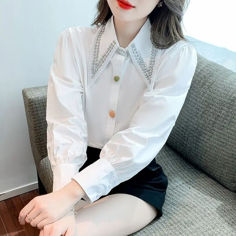 

Весенне-осенняя женская одежда, рубашка с кукольным воротником и бисером, винтажная блузка 2025 года, женская классическая рубашка с длинными рукавами, размер женской рубашки