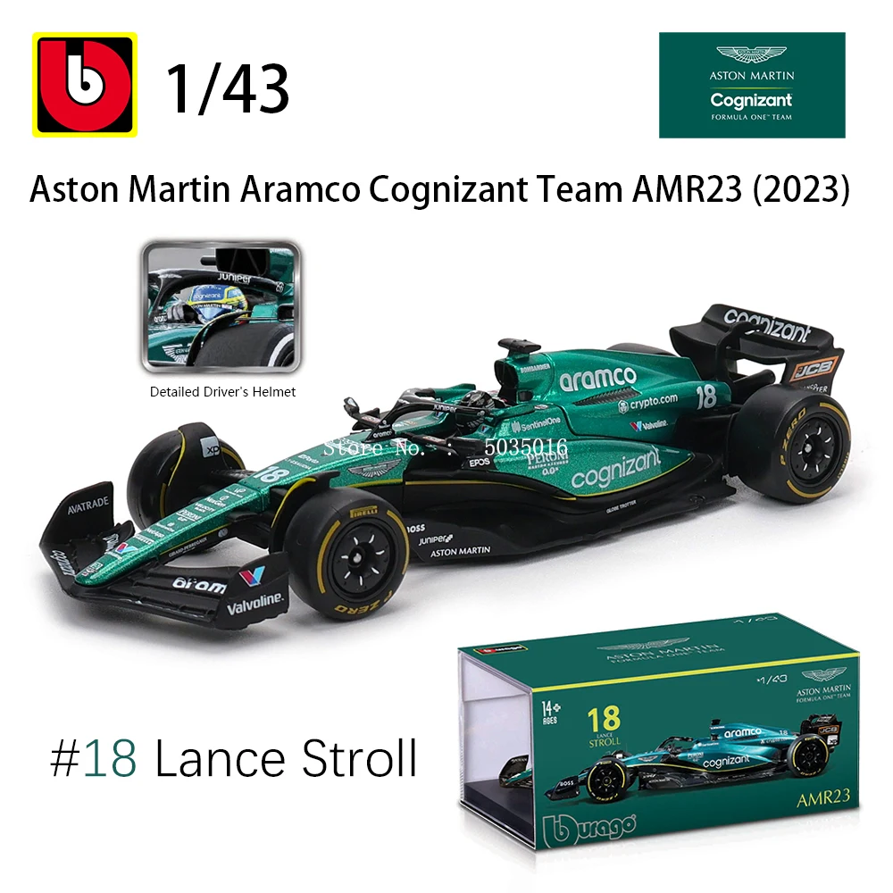 Bburago 1:43 F1 Aston Martin Aramco F1 Team AMR23 2023 #14 Alonso #18 Stroll Alloy Car Die Cast Model Toy Collectible