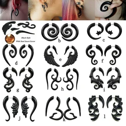 2 Pcs Black Acrylic Fake Ear Plugs and Tunnels Expander Spiral Wing Stainless Steel Screwed Earring Punk Ear Gauges Body Jewelry