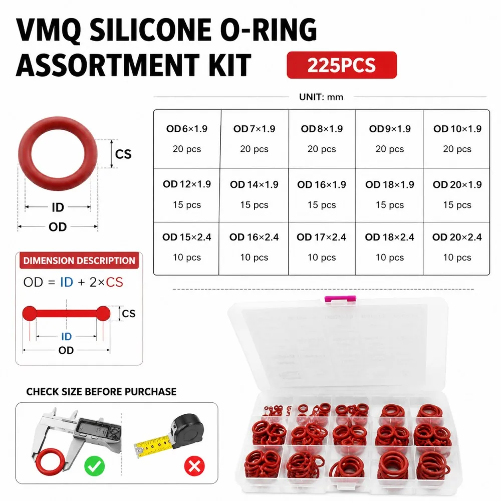 225Pcs Food Grade Red VMQ Silicone O Ring Kit, CS1.9/2.4mm, OD 6-20mm, Heat Resistant Non-Toxic Silicon Sealing Gaskets Safe