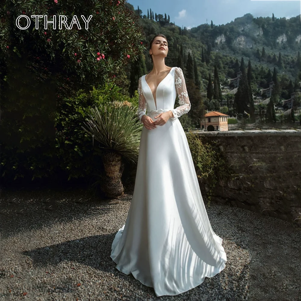 V-neck Long Sleeves A-line Bridal Wedding Gowns Backless Sash Satin Floor Length Customized свадебное платье