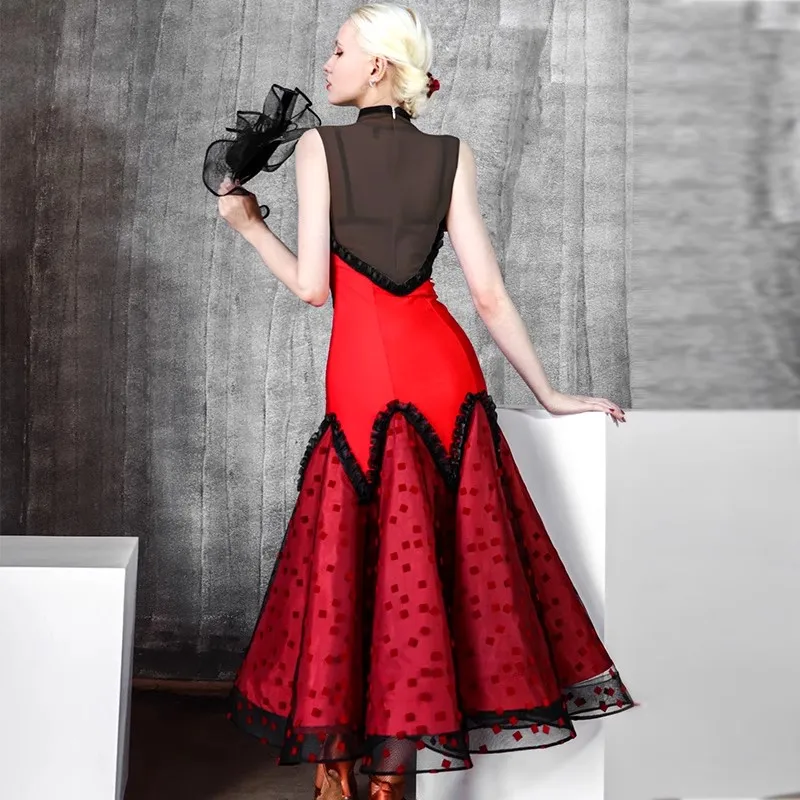 

Красная одежда для бальных танцев, женская одежда без рукавов для латинских танцев, платье для вальса, платье для выпускного вечера