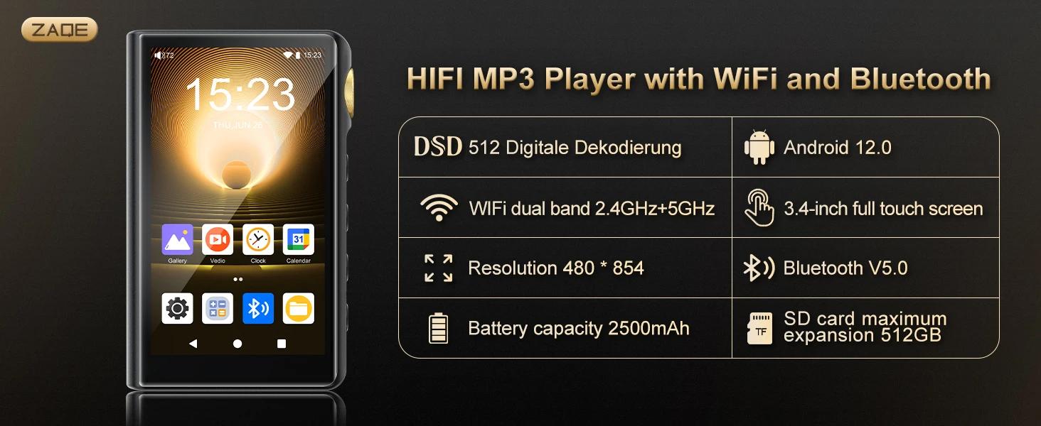 ZAQE Android12 HiFi MP3-Player, Bluetooth, WLAN, Hi-Res, DSD, DAC, verlustfreie Wiedergabe, tragbarer Musik-Player mit hoher Klangqualität, erweiterbar bis zu 512 GB. – Detail 4