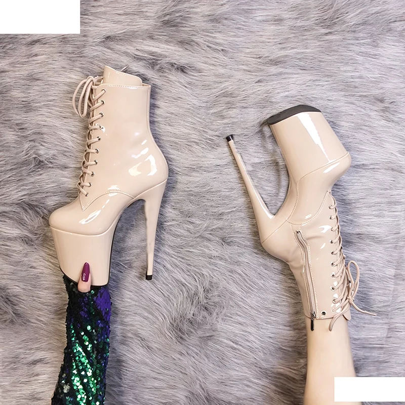 Shiny Nude Patent Ankle Boots Lace Up 20cm Super Stiletto Heel Pole Dance Stage Nightclub Party Fashion Women High Heel Boots