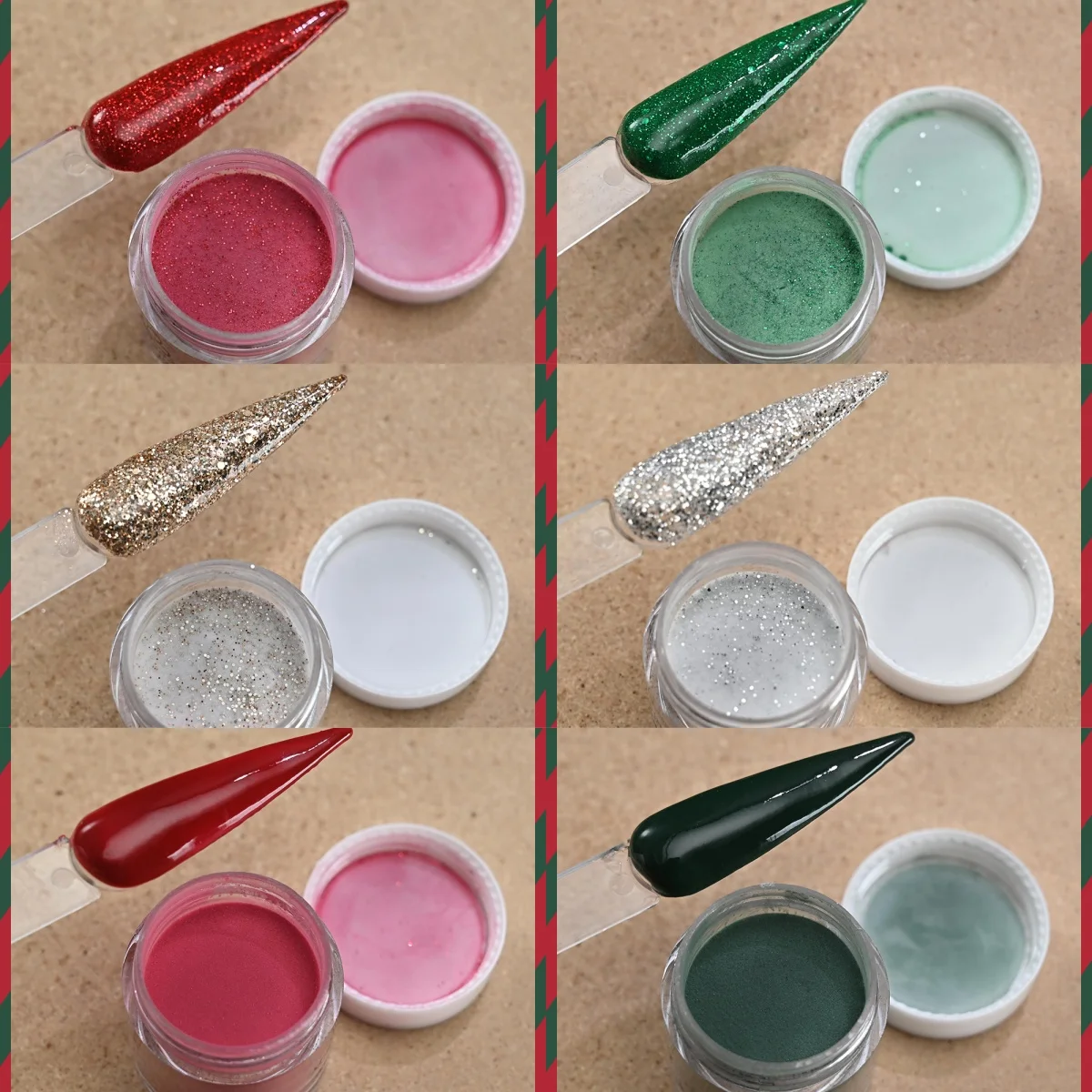 6개 크리스마스 테마 네일 아크릴 파우더 글리터 레드 그린 골드 실버 폴리머 네일 연장 디핑 크레이빙 피그먼트 더스트