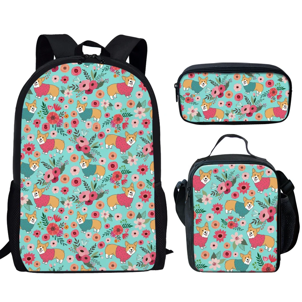 Cartoon Dog and Flower Pattern Backpack 3Pcs/Set Student School Bag with Lunch Bag Pencil Bag Teen Girls Boys Casual Backpack