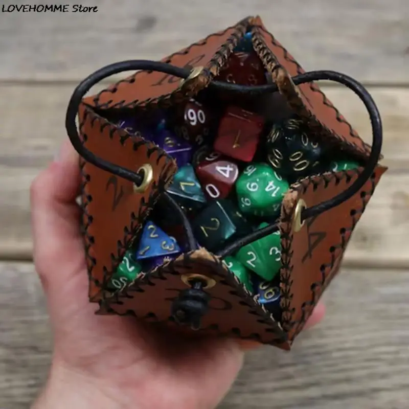 New Leather D20 Dice Bag Polygonal Dice Storage Boxes Reinforced Drawstring Dice Bags for Daily Working Wearing Gift Idea