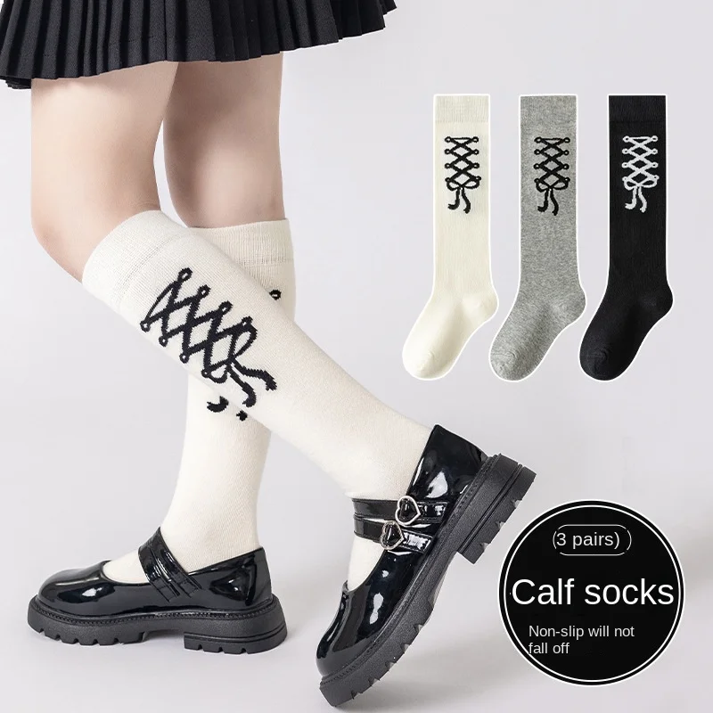 3 Paar kniehohe Slouch-Socken für Mädchen, schwarz, weiß, grau, Schleife, Frühling, stapelbare Strumpfhosen für Kinder von 3–12 Jahren, lässige Schulsocken – Detail 1
