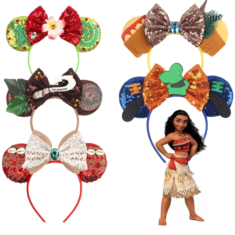Diademas con orejas de Moana de Disney para niños, accesorios para el cabello Maui con lazo de gancho, diadema de flores de Frangipani para mujer, tocado de concha en espiral para niña