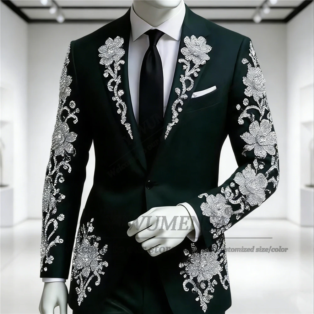 

Luxury Beaded Stones Suits Men Slim Fit Single Breasted Jacket Pants 2 Piece Set Groom Formal Party Wedding Tuxedos Outfits 2026
