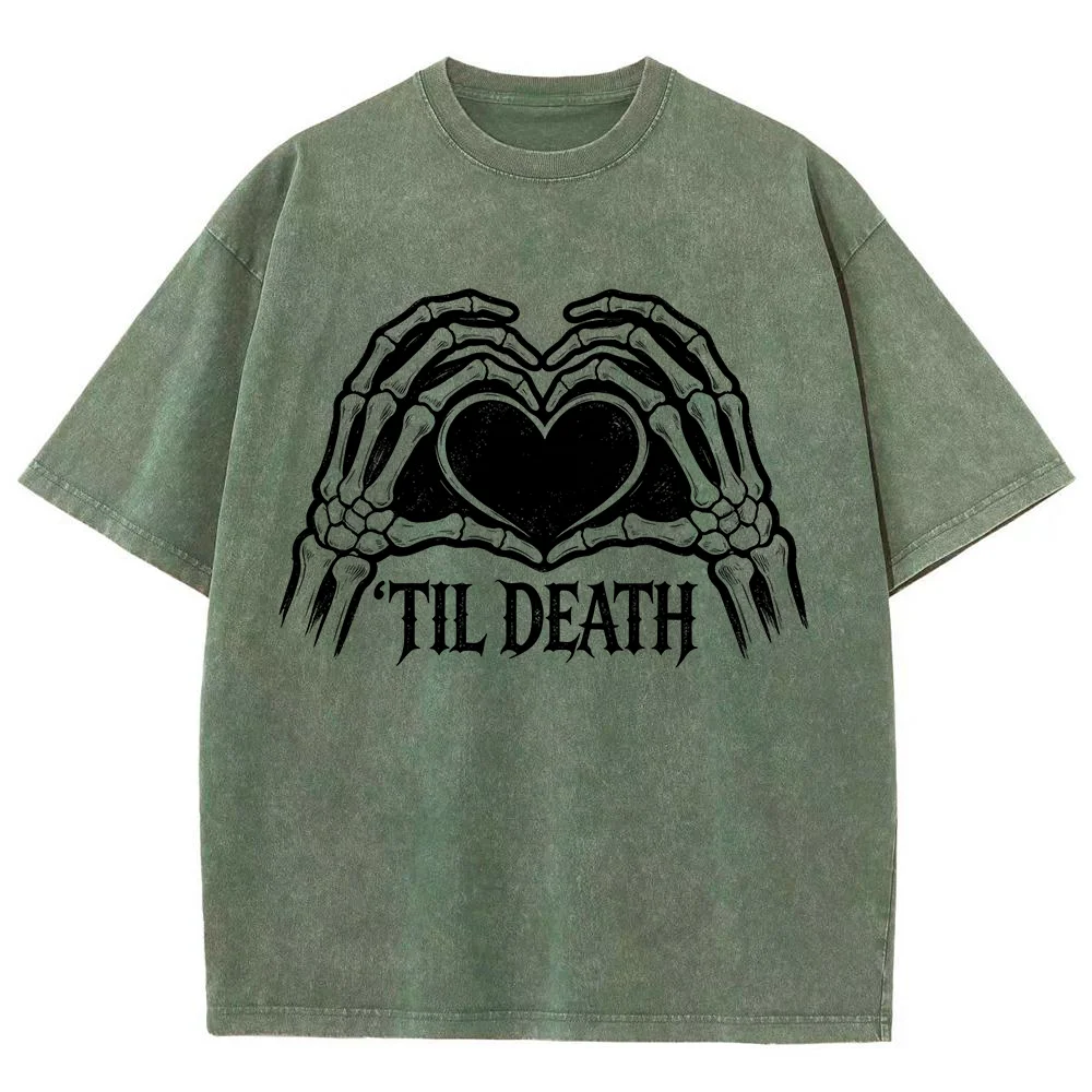 Women Vintage Washed T Shirt Skeleton Heart TIL DEATH Graphic Oversized Short Sleeve Cotton  Loose Gothic Tops