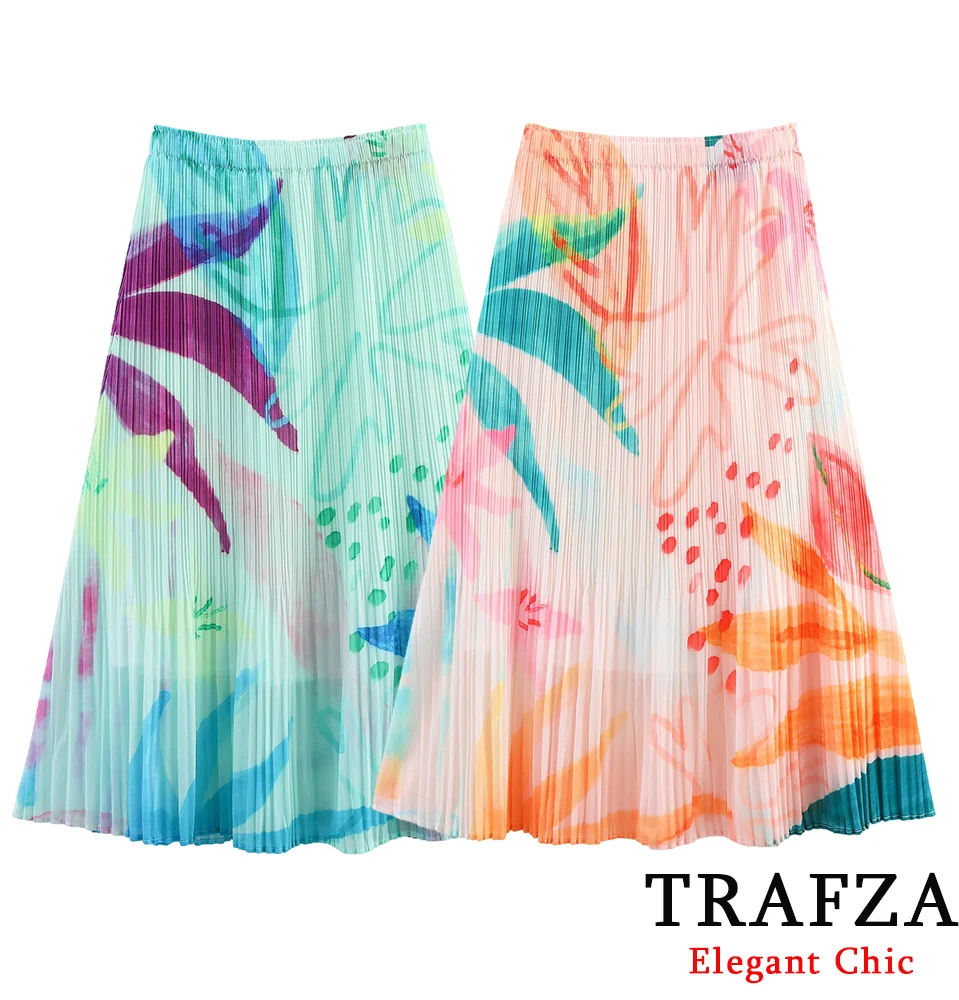 

TRAFZA Holidays Printed Pleated Skirt Women's Elastic Waist Half Skirt New 2025 Summer Fashion Elegant Romantic Party Half Skirt