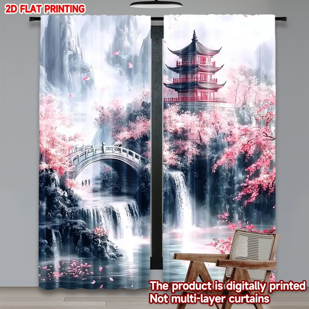 2pcs Pink Cherry Blossom Curtains Waterfall Pagoda Bridge Window Drapes Vintage Asian Landscape Decor Living Room Bedroom