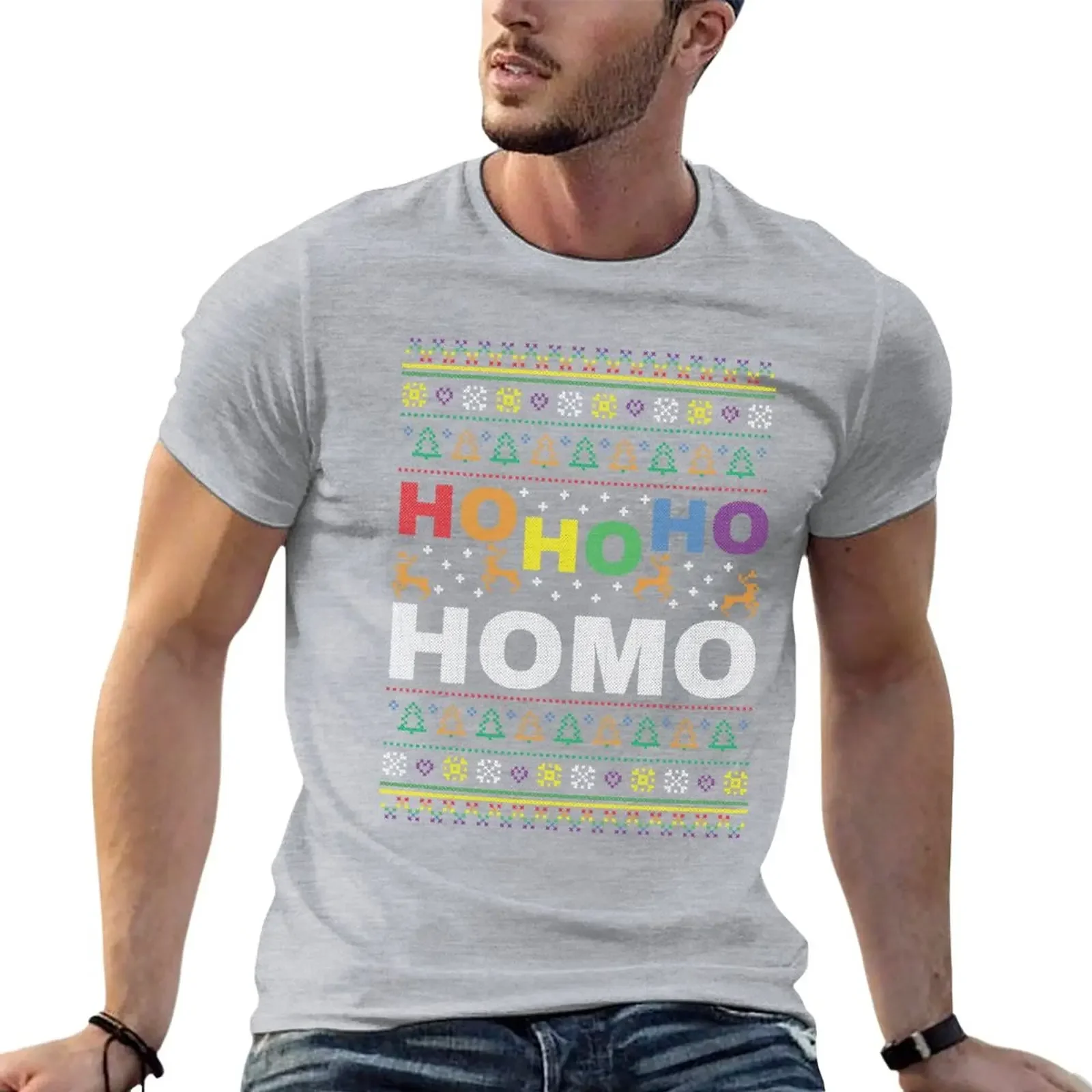 HO HO Ho HOMO Funny Gay Pride Coming Out Ugly Christmas Sweater Gift TShirt vintage t shirt fitted t shirts for men Short Sleeve