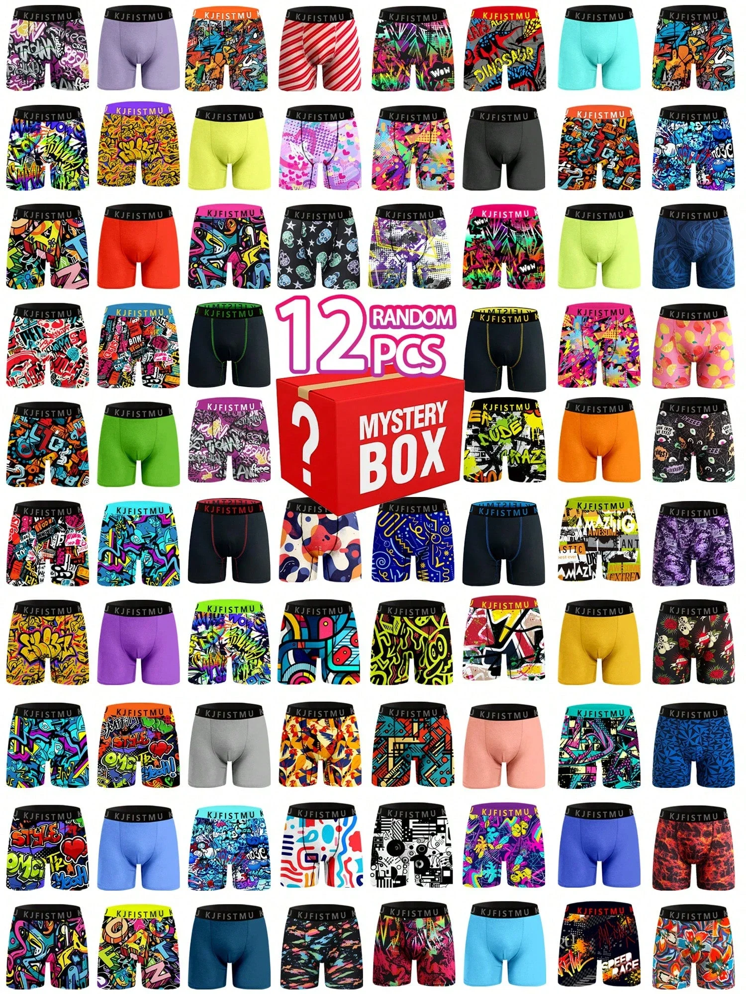 

12 шт. мужских трусов-боксеров с разнообразными принтами в стиле комиксов и граффити, однотонные, удобные, дышащие, нижнее белье