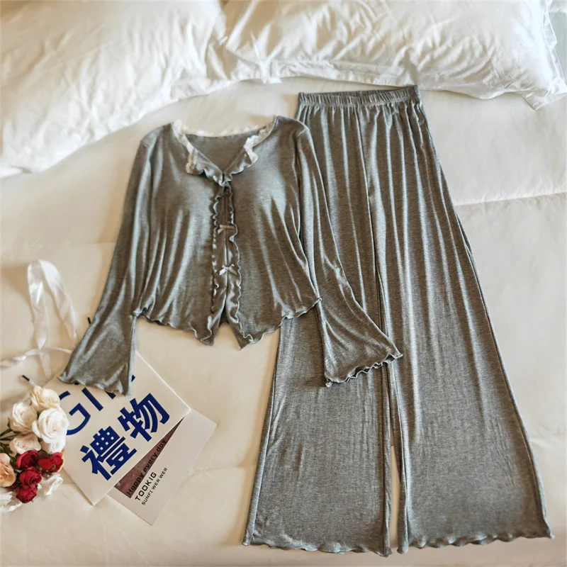 Pijama Feminina New Modal Chest Pad Set 2 Piece Woman Long Sleeve Pajama Sets Casual Korean Sleepwear Pyjamas Femme Home Wear - view 3