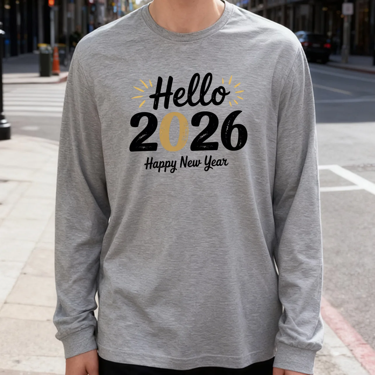 ハロー2026 メンズ長袖Tシャツ 綿100% 180g クルーネック カジュアル デイリースタイル 柔らかく通気性抜群