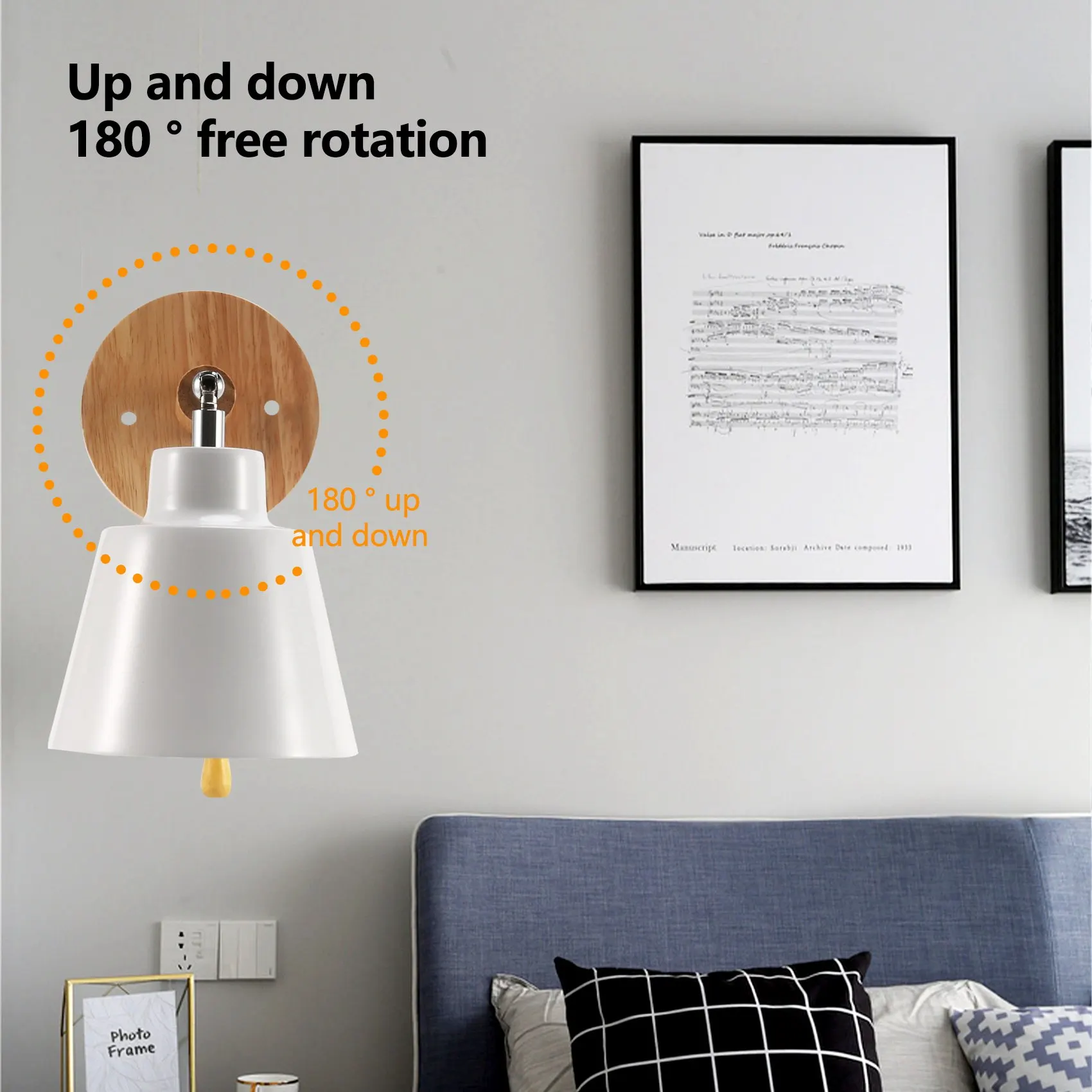 

ABMO Nordic Wooden Wall Lamp Bedside Wall Lamp Sconce Wall Light for Bedroom Corridor with Zip Switch Freely Rotatable(White)