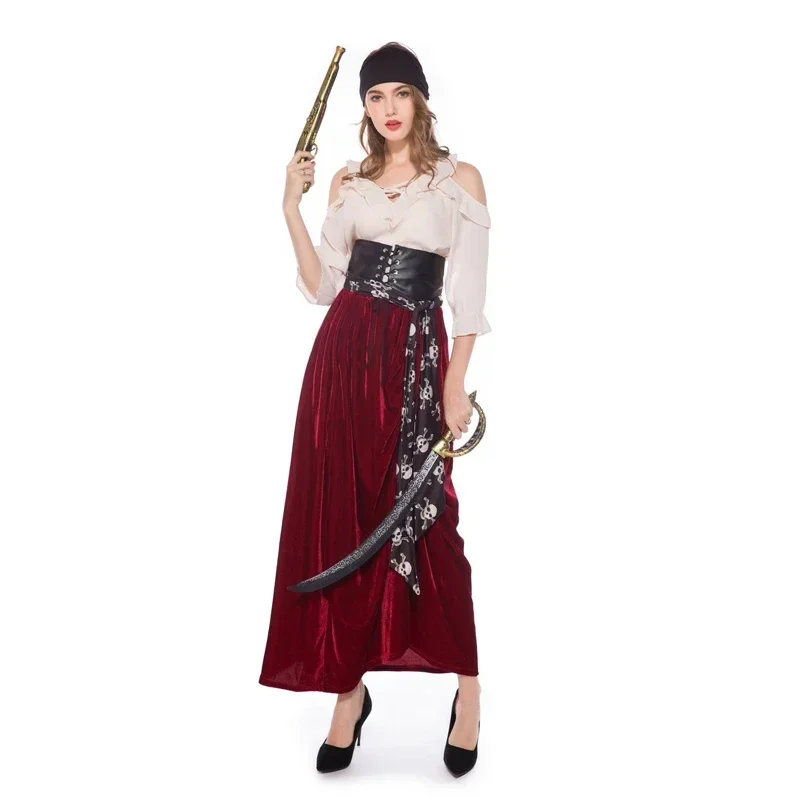 Women Caribbean Pirates Captain Costume Halloween Cosplay Suit Medoeval Gothic Fancy Woman Dress Anime Cosplay