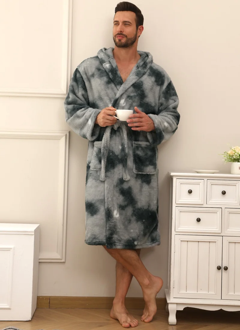 Men's Tie Dye Hooded Plush Robe Long Highly Absorbent with Pockets Cozy Warm Fuzzy Bathrobe for Spa Home Loungewear