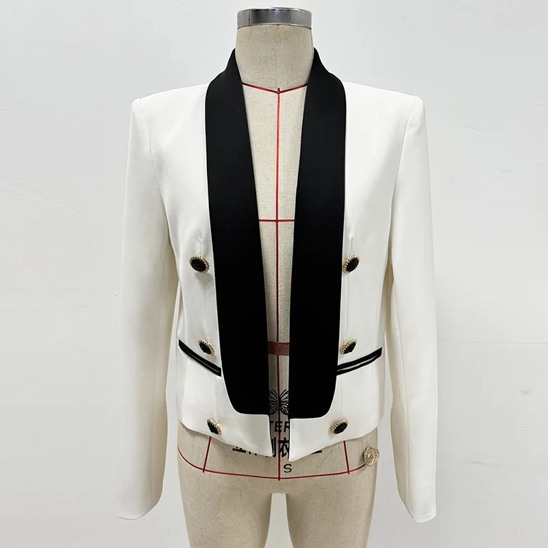 Qualidade outono inverno moda duplo breasted preto branco entalhado terno casaco feminino blazer senhora do escritório