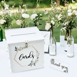 White Wedding Card Box with Lock, PVC Gift Card Box for Wedding Reception, Eucalyptus DIY Wedding Envelope Money Card Box