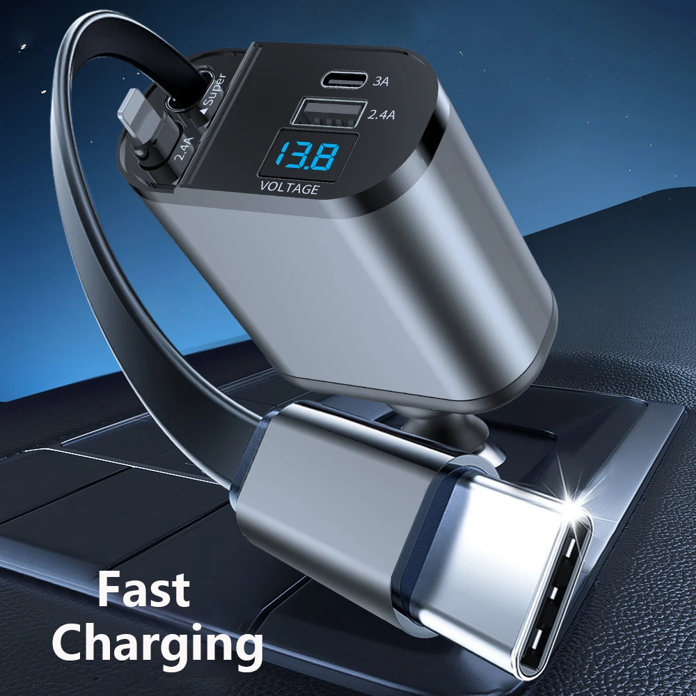 Total 100W Car Charger Super Fast Charging Multi-port Voltage Car With Vehicle Digital Display Mobile car Phone Charger Cable