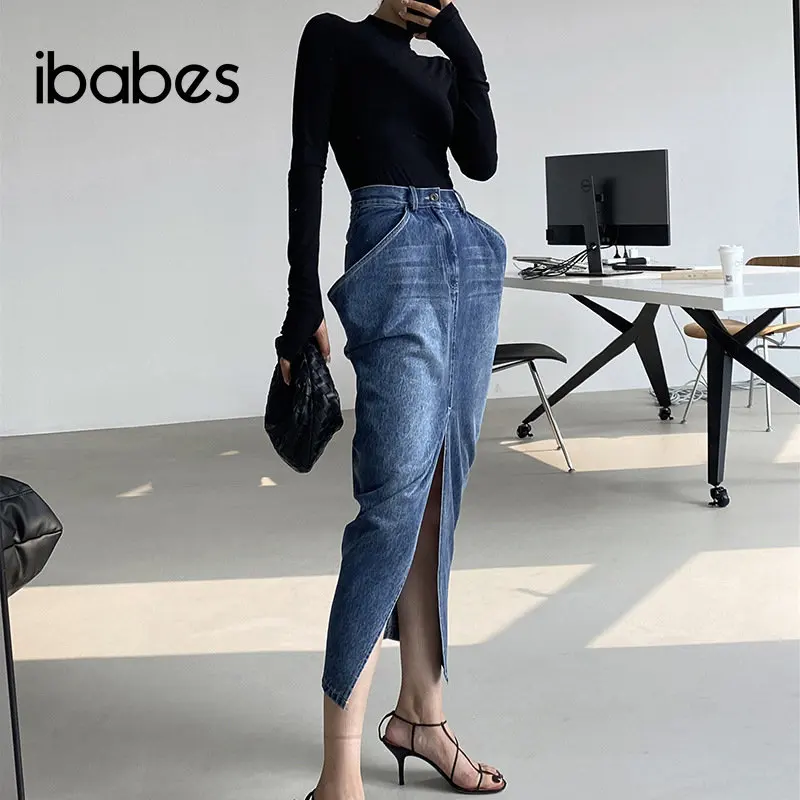 Jeans Asymmetric High Waist Hip Skirts Women Denim Dress with Big Pockets 2023 Summer Clothing Elegant Office Lady Pencil Skirts