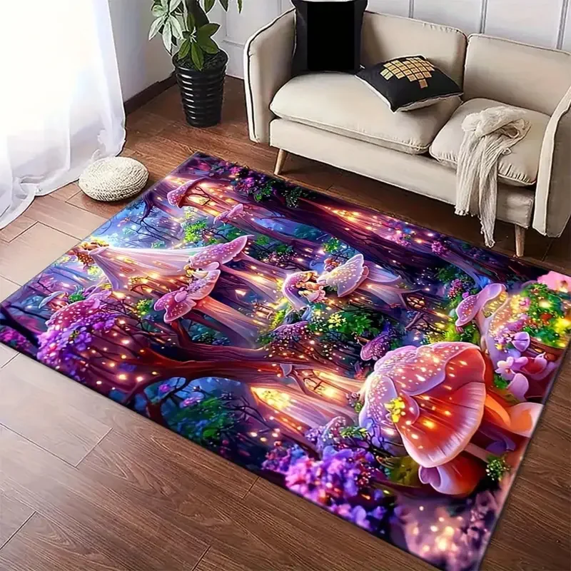 Enchanted Forest Mushroom Design Non-Slip Area Rug Durable for Living Room Machine Washable Decorative Carpet Mat Very Funny