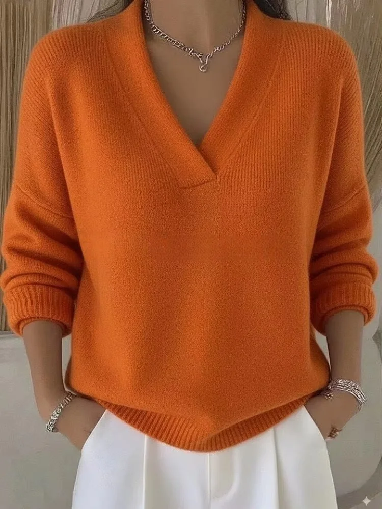 Damenkleidung V-Ausschnitt Strickpullover Neu Herbst Winter Einfarbig Locker Langärmeliger Strickpullover Damen Oberteil Jumper