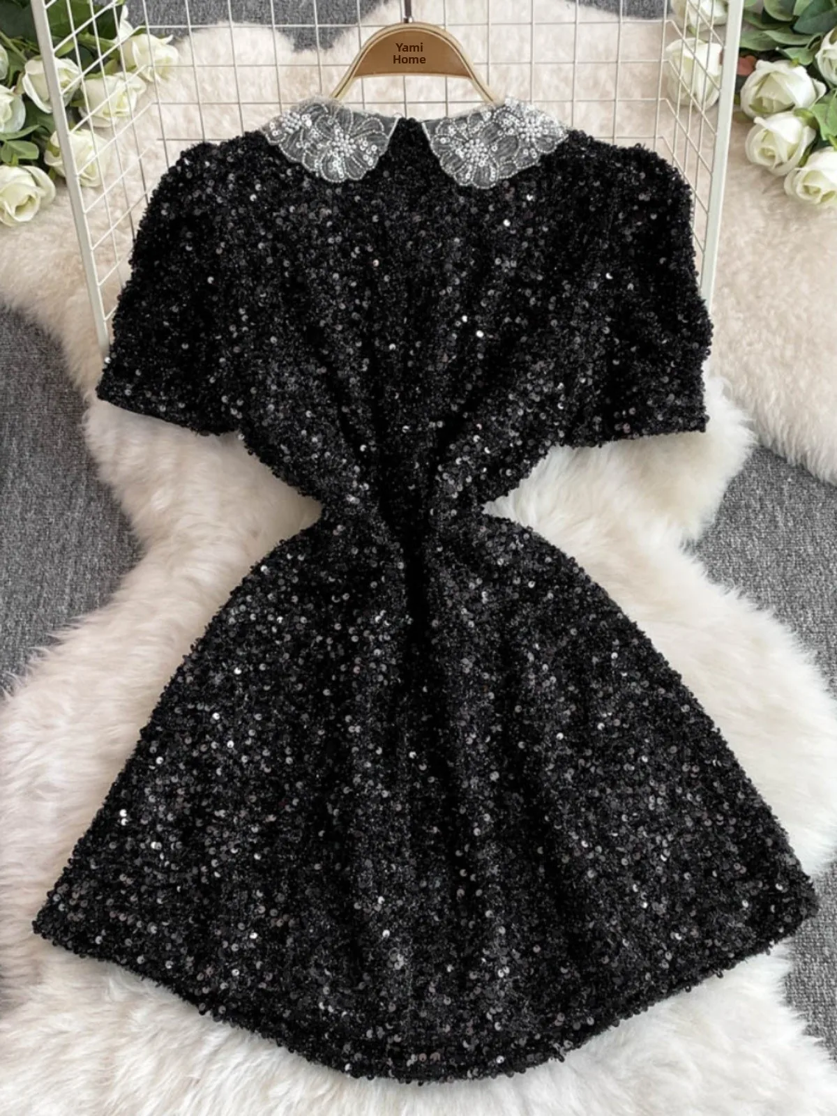 Retro Doll Collar iny Sequin Dr Women's Summer New Small Size Slim ort Sve A-Line Skirt High Waist Korean Sle