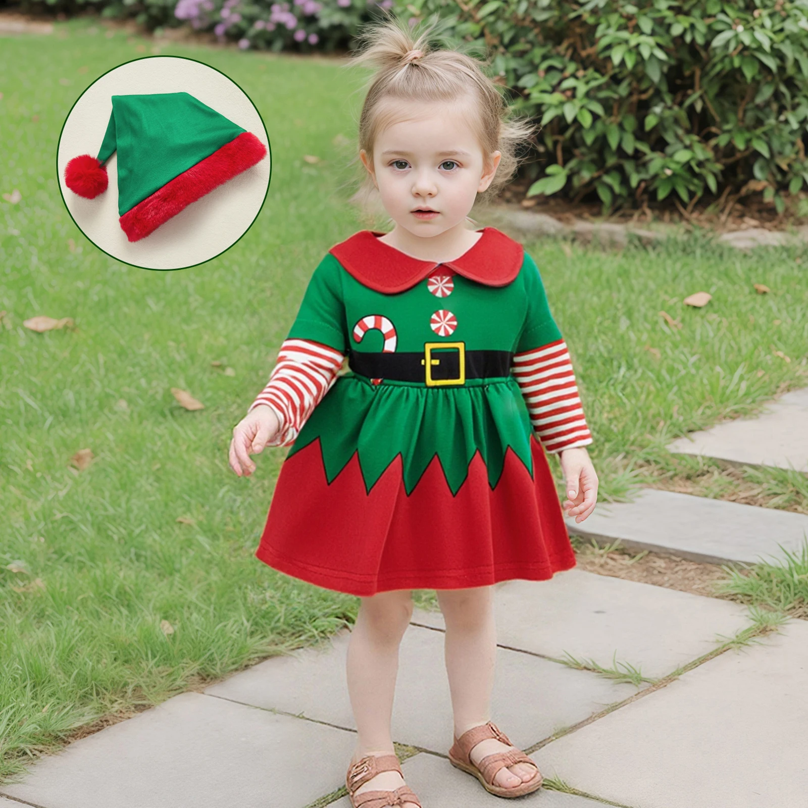 Lindo bebé niñas disfraz de elfo traje infantil de manga larga muñeca cuello mameluco vestido con sombrero 2 piezas conjunto de Navidad