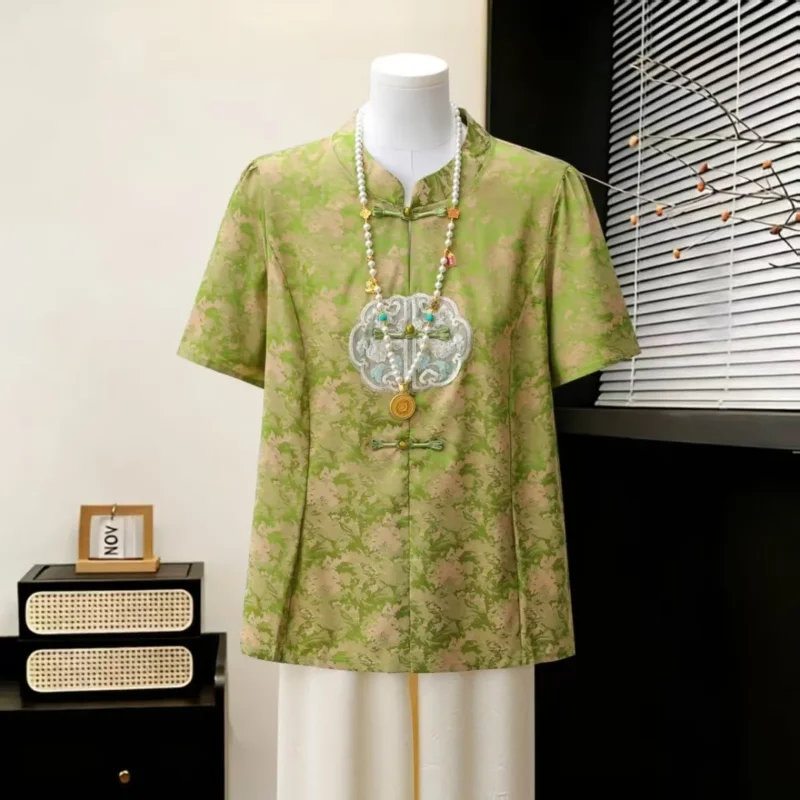 Women Chinese Style Jacquard Short Sleeve Blouse Mandarin Collar Frog Button Loose Shirt For Middle-Aged Summer