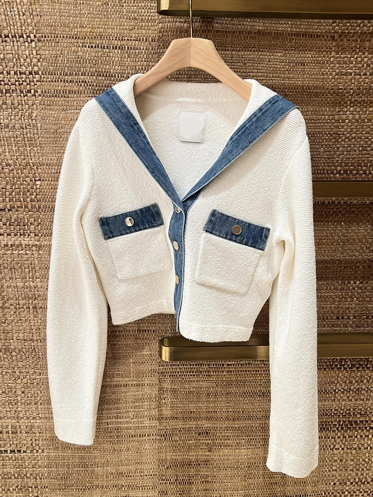 

Sandro Sivos Premium Women's ort Knitted Denim Navy Collar Cardigan Spring Faion Ele Sle Long Sve V-Ne Coat