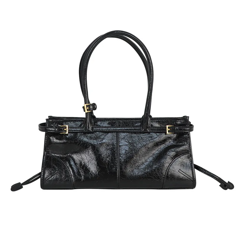 2024 New Soft lux Boston Baguette Retro Biker Style Head Layer Oil Waxed Leather Women\'s Bag Crossbody Shoulder Bag for women