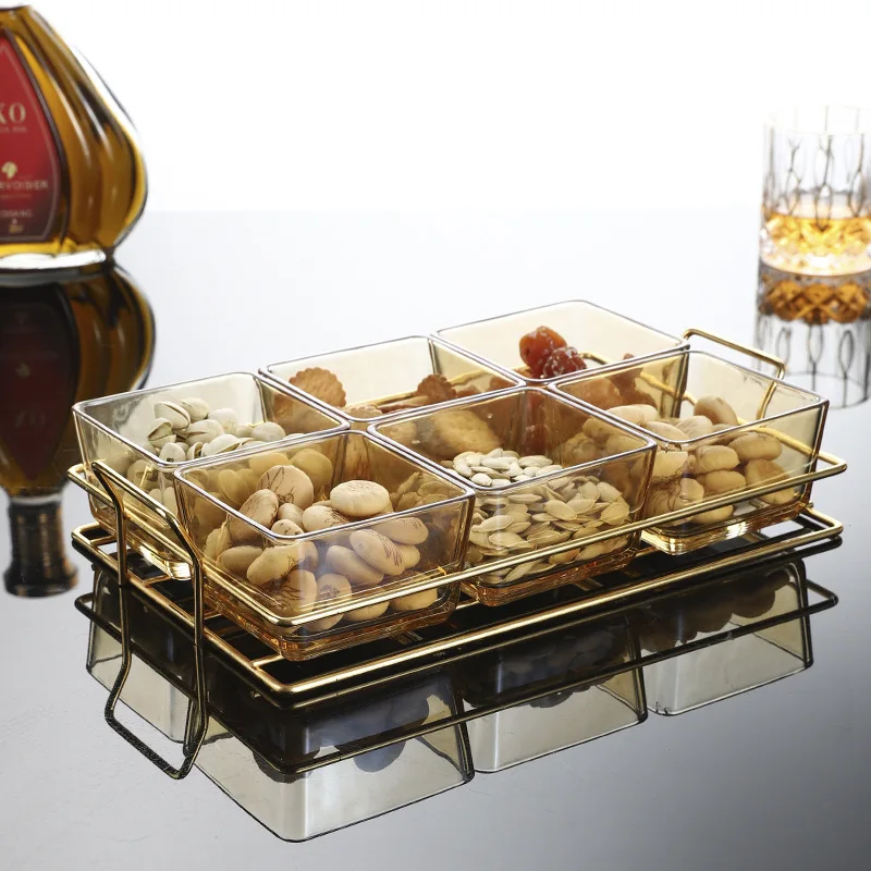 Amber Square Glass Bowl Snack Platter Nut Cookies Candy Bowl Home Sauce Glass Platter Hotel Tableware with Metal Storage Rack