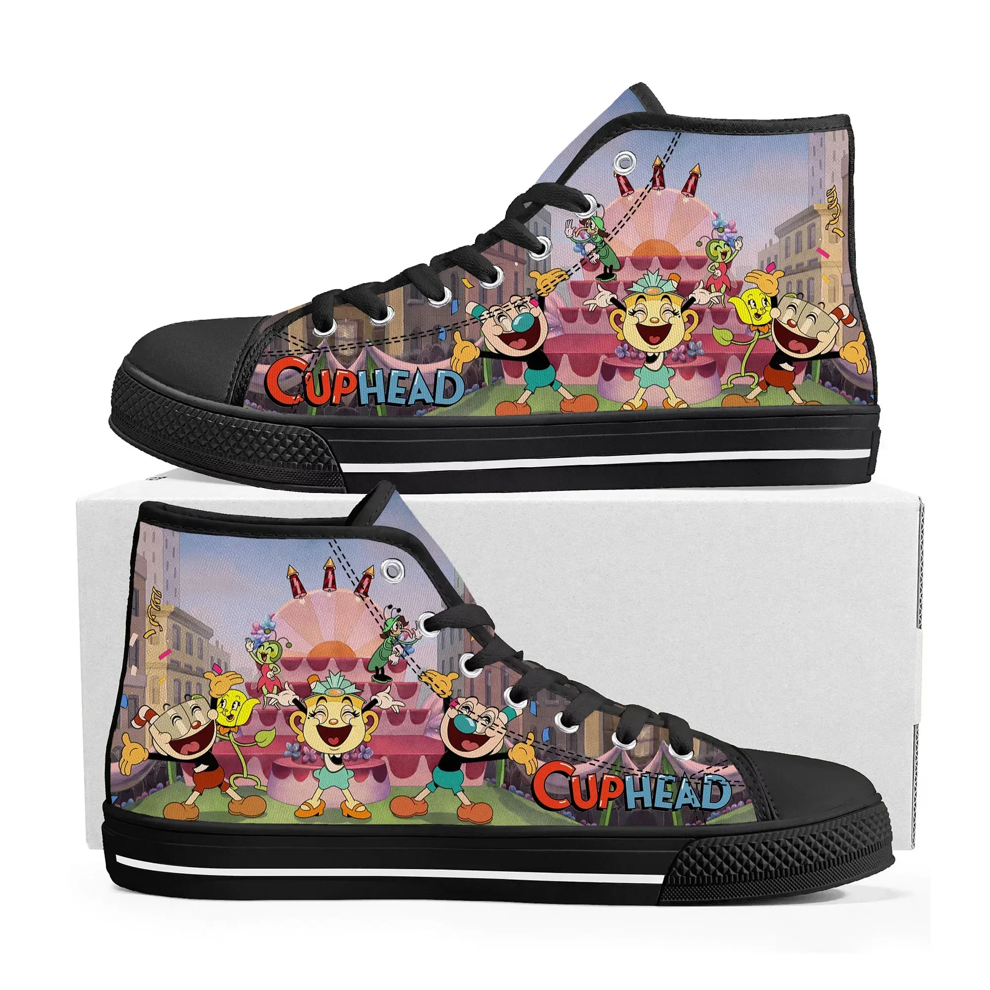 Hot Cupheads Mugmans Cartoon Game High Top Sneakers Mens Womens Teenager High Quality Canvas Sneaker Custom Built Couple Shoes