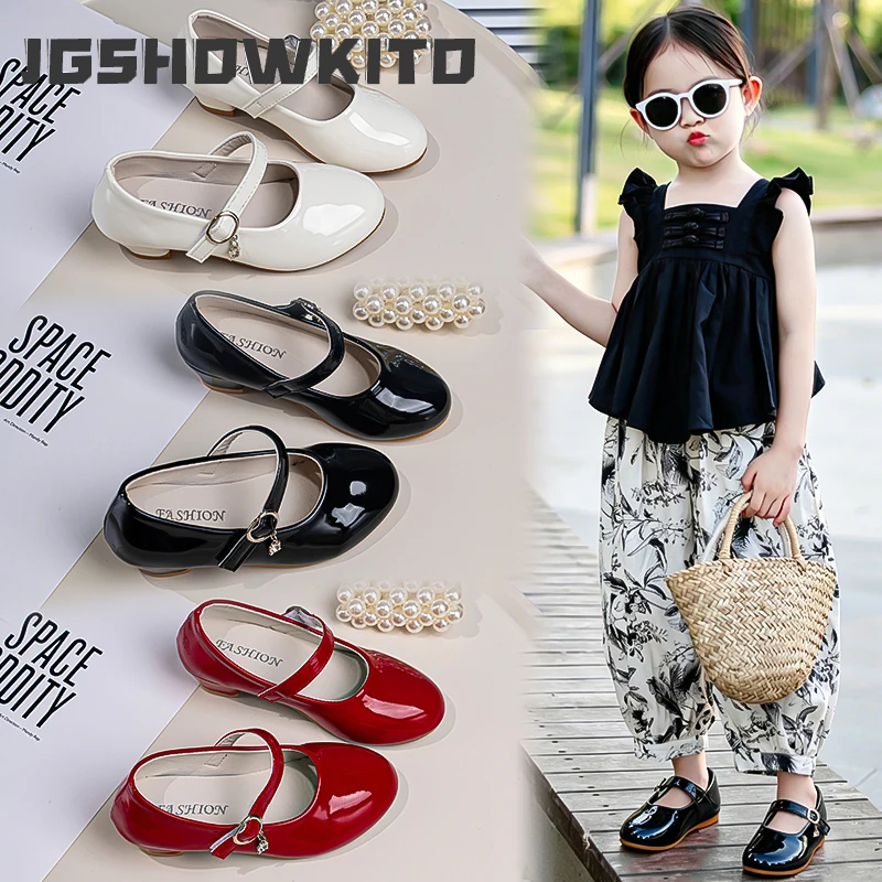 

Girls High Heeled Leather Shoes Glossy Bright Skin Kids Mary Janes High Heels Chic Elegant Simple Classic Party Wedding Shoes