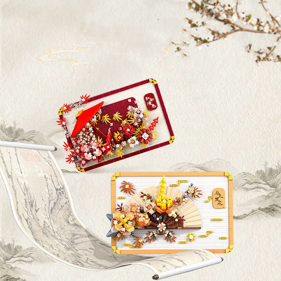 Idee Mini Block Blume Gebäude Ziegel China 3D Foto Rahmen Fan Regenschirm Bau Modell Spielzeug Sammlung Für Mädchen Geschenke