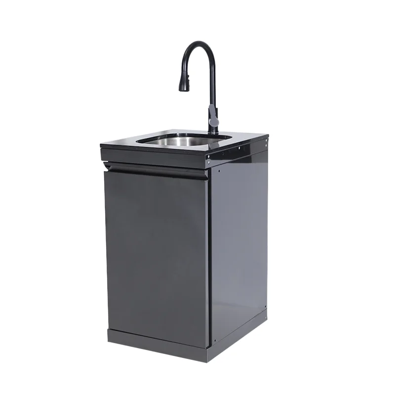 Black Marble Outdoor Kitchen Sink with Movable 4 Wheeled Faucet Stainless Steel 304 Titanium-for BBQ Accessories